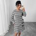 Women's Clothing Plus Size Clothes Elegant Black & White Checkered Dress With Bow Detail, Round Neck Long Sleeve Slim Fit Dress For Women_ecoleips.com