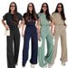 Women's Clothing Women's Spring Summer Solid Color Round Neck Short Sleeve Top With High Waist Wide Leg Pants Fashion Casual Outfit Set_ecoleips.com