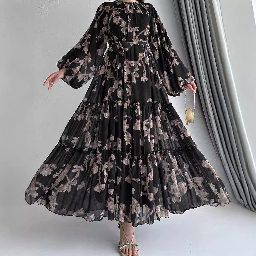 Ladies Muslim Chiffon New Long Skirt With Belt Fashionable And Elegant Dress_ecoleips.com