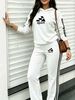 Women's Classic Autumn Winter Striped Hooded Top And Casual Trousers Set Black White Drawstring 2043 Print_ecoleips.com