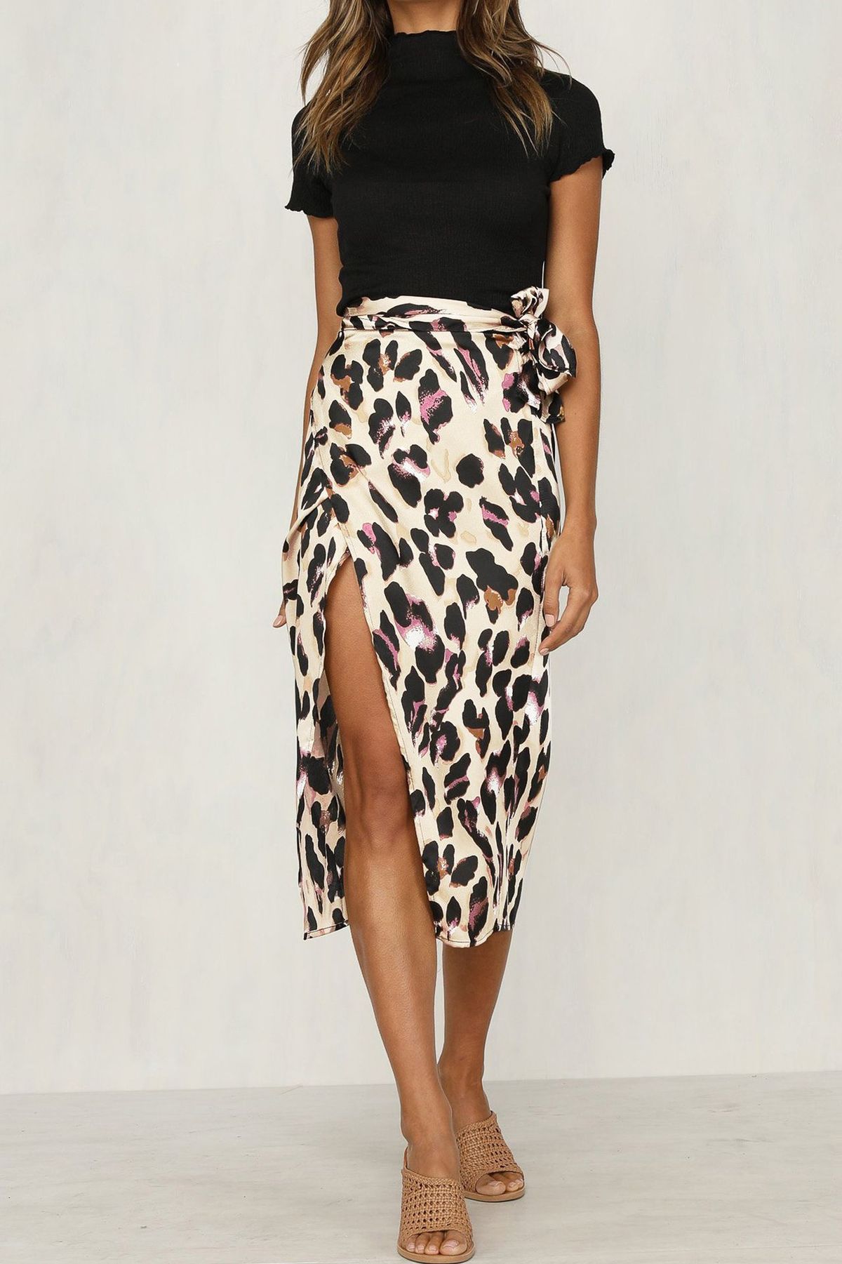 Verve Sexy Wild Bow Bandage Leopard Print High Waist Slit Midi Skirt_ecoleips.com