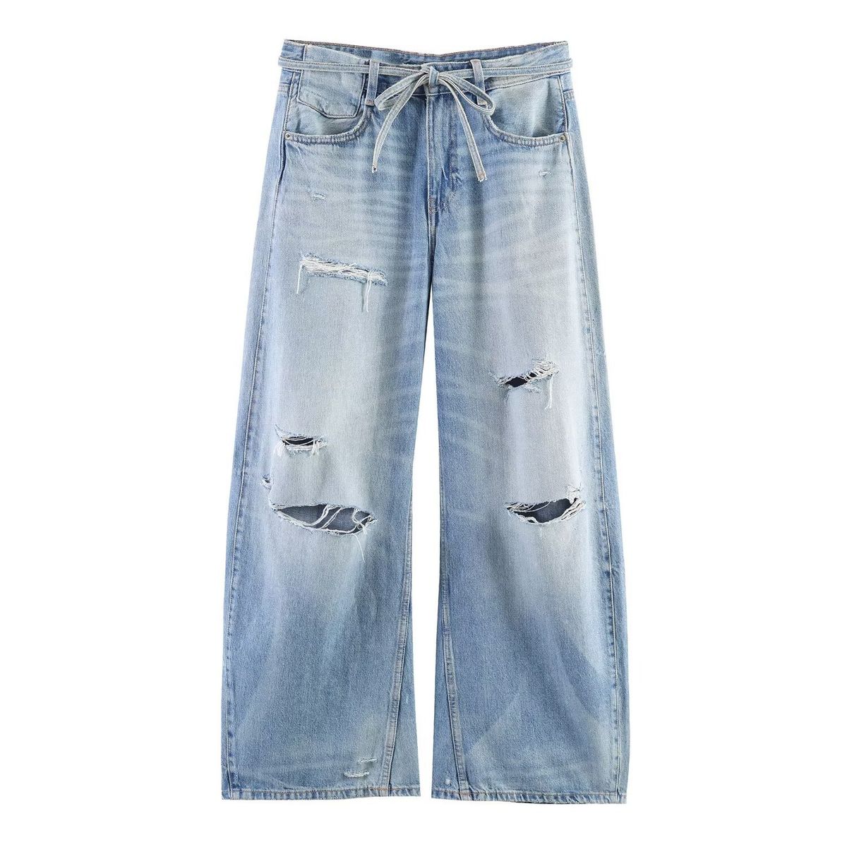 Women's Distressed Mid-Rise Relaxed Fit Wide-Leg Jeans, Ripped Denim Pants For Casual Street Style Comfortable Mid-Rise Relaxed Waistband_ecoleips.com