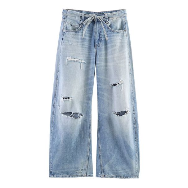 Women's Distressed Mid-Rise Relaxed Fit Wide-Leg Jeans, Ripped Denim Pants For Casual Street Style Comfortable Mid-Rise Relaxed Waistband_ecoleips.com