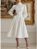 Freeacy Women's Solid White Turtleneck Puff Sleeve High Waist Bow Tied Midi Dress 2026 Spring Stylish Retro Elegant Dresses_ecoleips.com