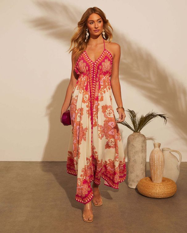 2025 New Spring Summer Off-Shoulder V-Neck Women's Printed Fairy Long Elegant Dress With Flared Hem_ecoleips.com