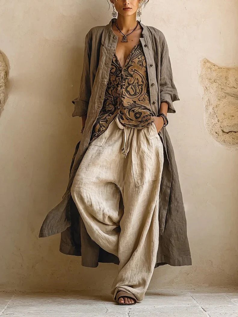 Women's Casual Floral Print Shirt And Wide-Leg Pants 3-Piece Set, Loose Fit Comfort Outfit For Daily Wear_ecoleips.com
