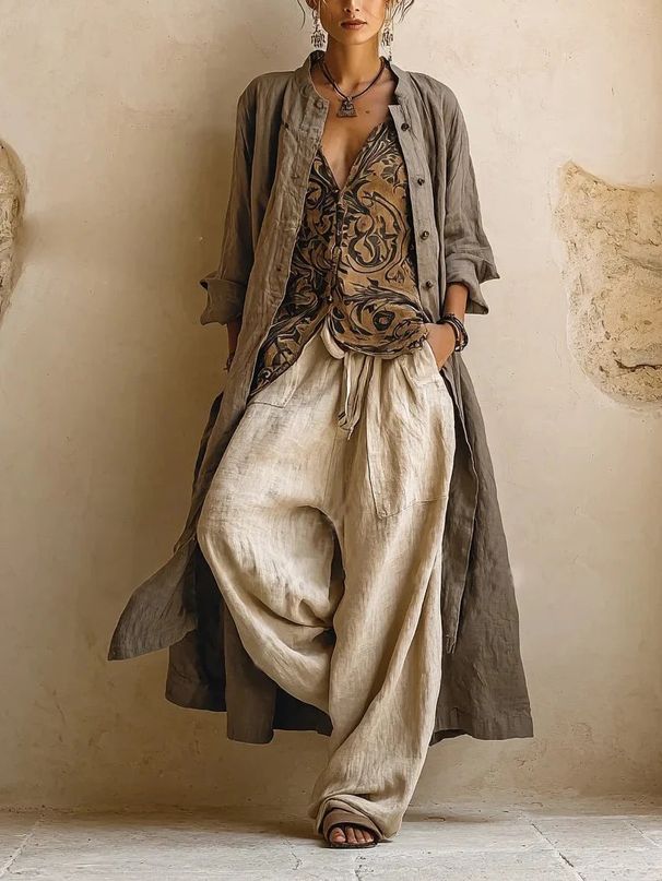 Women's Casual Floral Print Shirt And Wide-Leg Pants 3-Piece Set, Loose Fit Comfort Outfit For Daily Wear_ecoleips.com