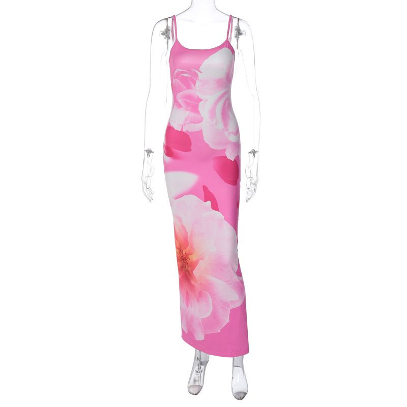 Women's Clothing Fashion Printing Sexy Backless Sleeveless U Neck Sling Slit Long Skirt Dress Female_ecoleips.com