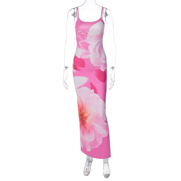 Women's Clothing Fashion Printing Sexy Backless Sleeveless U Neck Sling Slit Long Skirt Dress Female_ecoleips.com