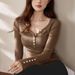 2025 #Craftsmanship Selection # American Button V-Neck Long Sleeved T-Shirt Women's Pure Cotton 2025 Autumn New Shoulder Top_ecoleips.com