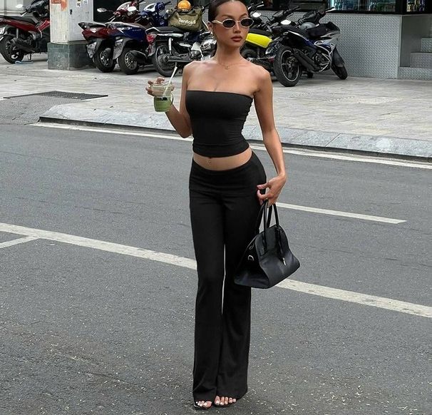 Hot-selling Women's Clothing Summer New Fashion Casual Tube Top Slim Solid Color Small Flared Pants Set_ecoleips.com