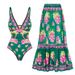 Women's Retro Printed Long Sleeve Swimsuit - Deep V Neck One-Piece Swimwear_ecoleips.com
