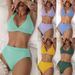 2025 Sexy Ribbed Bikini Deep V Backless Solid Color European American Style Two Piece Swimsuit for Women_ecoleips.com