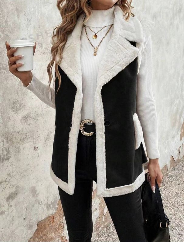 Women's Long Sleeveless Shearling Vest Coat – Trendy Faux Fur Layering Jacket With Button Closure & Pockets_ecoleips.com
