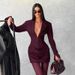 Women's Sexy Deep V Long Sleeve Ruched High Waist Bodycon Mini Dress – Elegant Fall Winter Gown_ecoleips.com