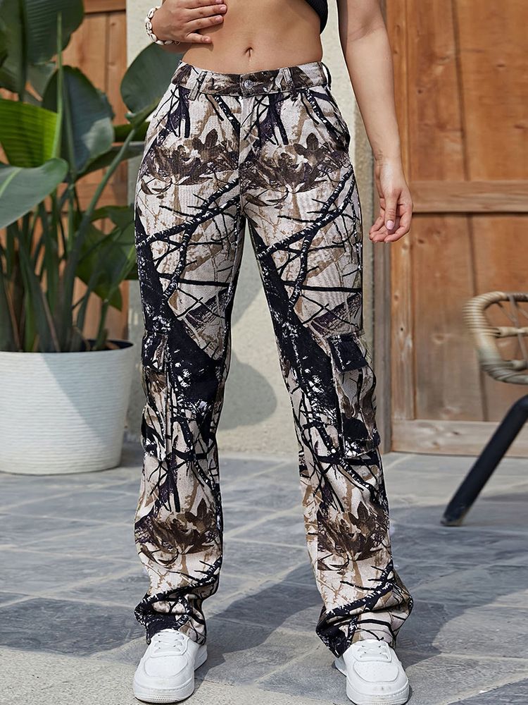 Women’s Clothing Street Drawstring Waist Camouflage Print Flip Pockets Cargo Casual Sports Outdoor Pants_ecoleips.com