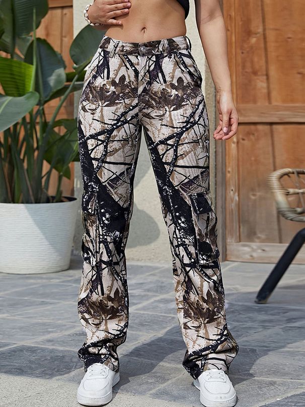 Women’s Clothing Street Drawstring Waist Camouflage Print Flip Pockets Cargo Casual Sports Outdoor Pants_ecoleips.com