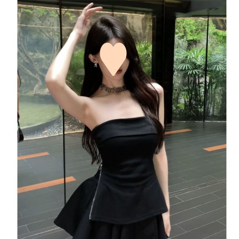 Summer Hot Girl Pure Desire Two-Piece Set Women Fashion Sexy Zipper Split Tube Top + High Waist Puff Skirt Pants_ecoleips.com