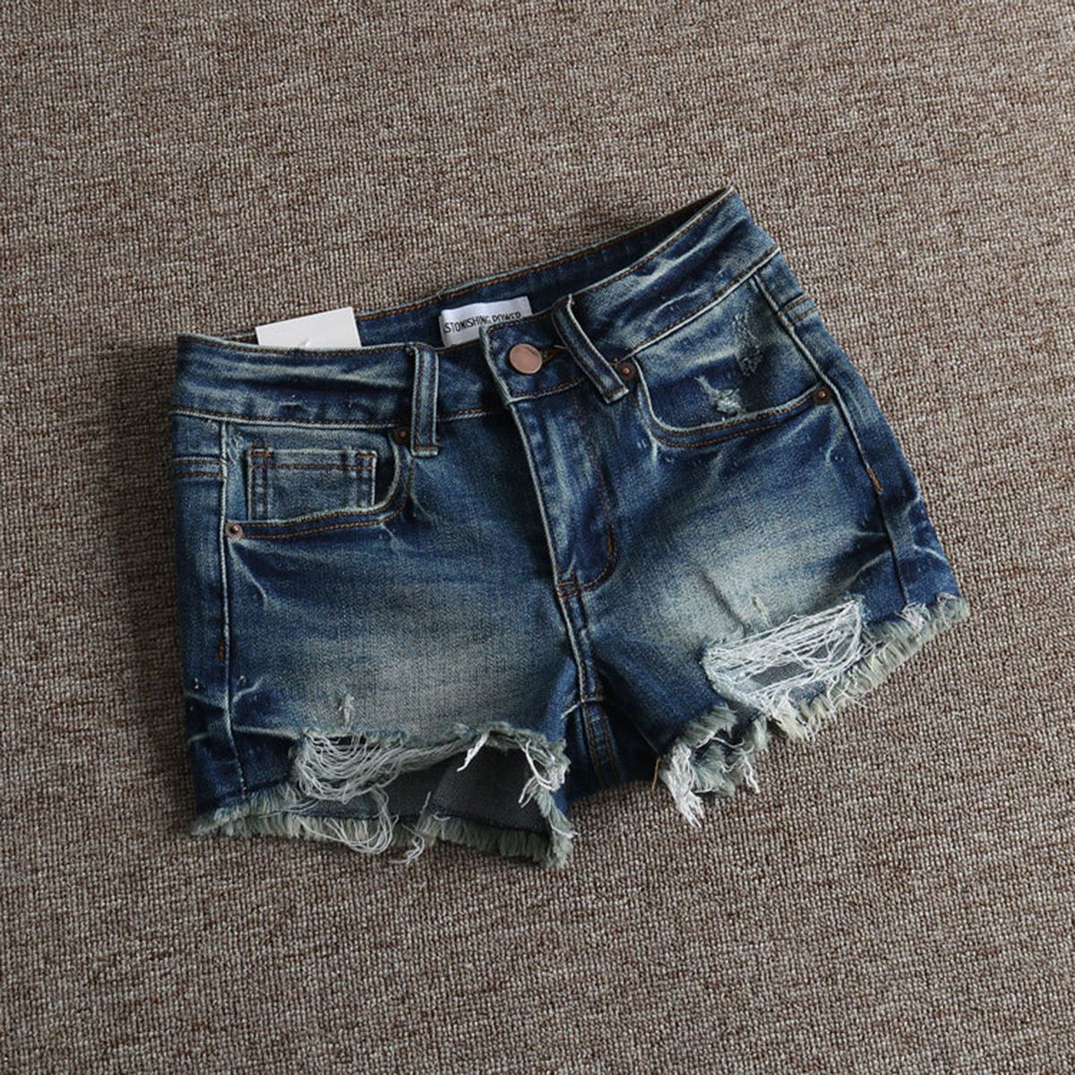 Light Blue Women's High-Waisted Distressed Denim Shorts American Style Elegant Pleated Summer Hot Pants Fringed Hot Girl_ecoleips.com