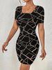 Women Dress Square Neck Short Sleeve Geometric Print Bodycon Mini Dress Sleek Spring Summer Chic Party Club Night Out Flattering_ecoleips.com