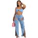NY8175 Washed Stretch Denim Personality Split Zipper Three-Dimensional Pocket Chest Wrap Sexy Set_ecoleips.com