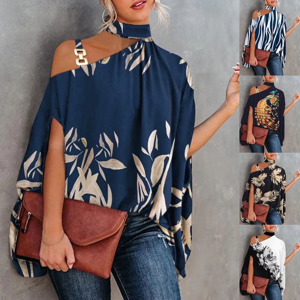 Summer Halter-Neck Bat-Sleeve Printed Shirts For Women And Women_ecoleips.com