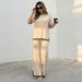 Women's Elegant Color Block Split Short Sleeve Knit Top And Slim Wide Leg Trousers Fashion Set Two Piece Casual Outfit_ecoleips.com