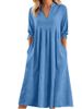 Summer New Style Women's Casual Dress Solid Color Cotton Linen Short Sleeve V Neck Pocket Detail_ecoleips.com