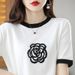 Women's Clothing Women's Fashion Color Block Round Neck Camellia T-Shirt Short Sleeve Loose Fit Slimming Wool Knit Top For Summer_ecoleips.com