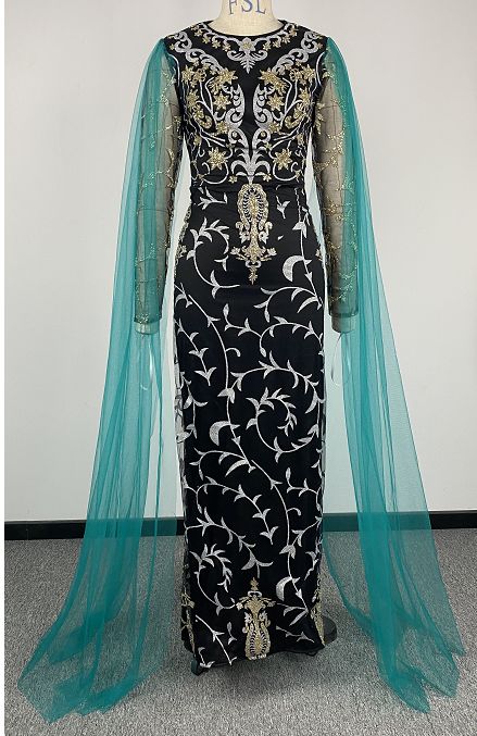 Women's clothing sexy gold long sleeved banquet dress with tail skirt new style,The hot stamping process will cause slight powder loss_ecoleips.com
