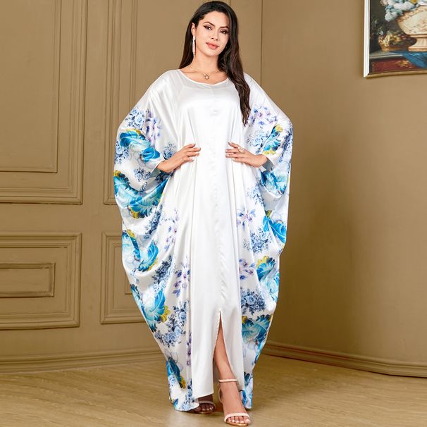 Muslim Dress Women Elegant Muslim Abaya Dress – Floral Print Batwing Sleeve Maxi Dress, Modest & Versatile For Prayer, Travel & Special Occasions_ecoleips.com
