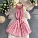 Elegant Sequined Halter Neck Dress For Women Slimming Flattering Summer Style Puffy Knitted Mini Skirt High End_ecoleips.com