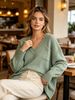 Sage Green V Neck Pit Rib Knit Tunic, Oversized Loose Lightweight Breathable Soft Skin-touch Pocket Long Sweater_ecoleips.com
