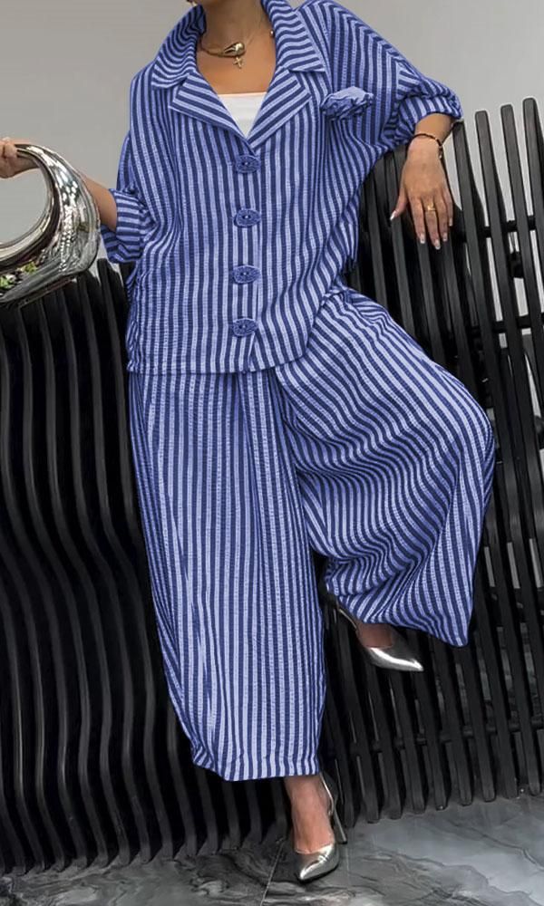 Women's Floral Stripe Blazer Set - Casual & Chic Office Wear For Autumn Commute Relaxed Fit Blazer_ecoleips.com