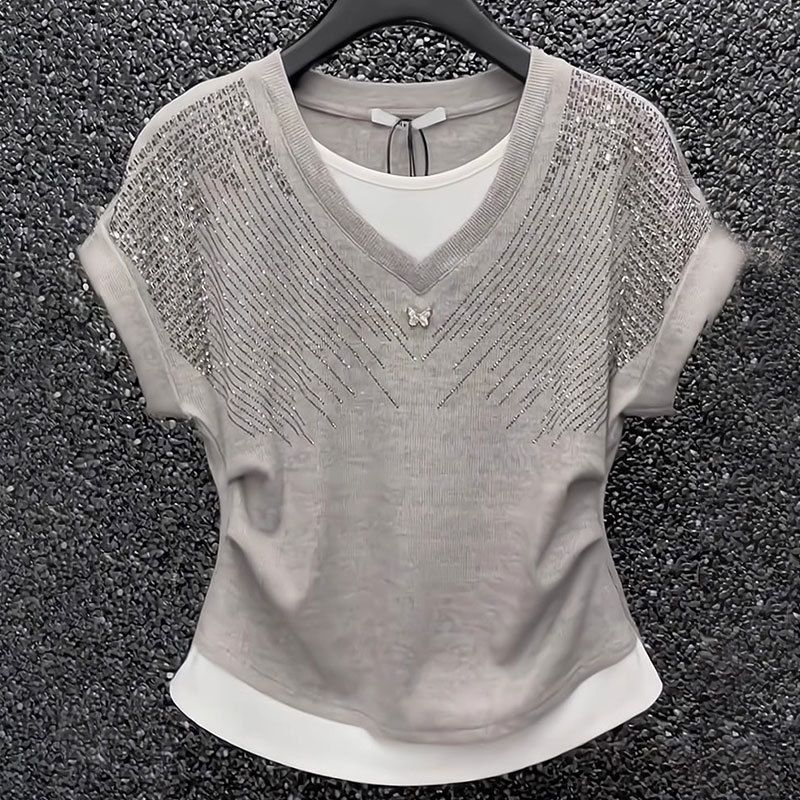 Women's Clothing Short Sleeved Ladies T Shirt Fashionable Age Reducing Slim Light Luxury Heavy Hot Diamond V Neck Top_ecoleips.com