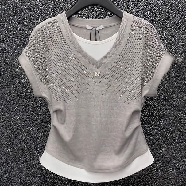 Women's Clothing Short Sleeved Ladies T Shirt Fashionable Age Reducing Slim Light Luxury Heavy Hot Diamond V Neck Top_ecoleips.com