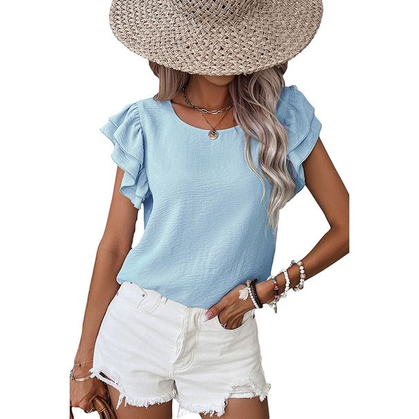 2026 Summer New Design Petal Sleeve Pullover Women's Fashion Commuter Versatile Crew Neck Short Sleeve T-Shirt_ecoleips.com