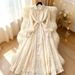 Women's European American Style Long Sleeve Fitted Waist Tie A-Line Maxi Dress Heavy Embroidery Beaded Lace New_ecoleips.com