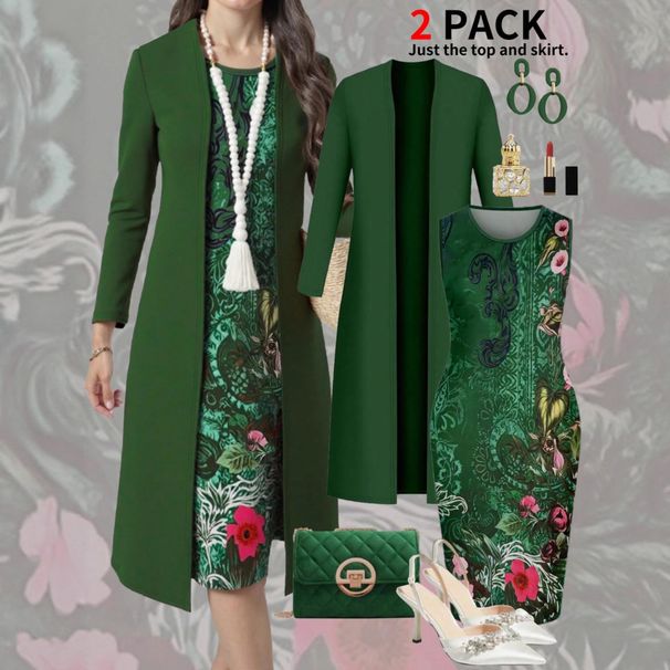 Elegant Plus Size Two Piece Set For Women Solid Color Long Sleeved Cardigan Bodycon Sleeveless Retro Dress_ecoleips.com