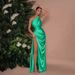 Women's Clothing Winter New Fashion Personality Slant Neck Off Shoulder Gathered Glossy Shiny Side Slit Banquet Dress_ecoleips.com