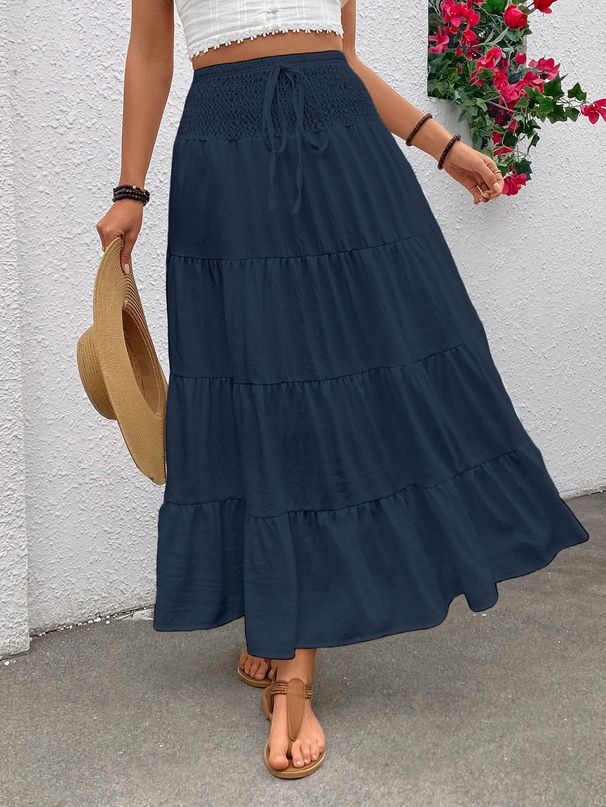 Elastic High Waist Bohemian A-Line Skirt - Flowy Long Skirt With Belt Detail, Polyester Stretchy Midi Skirt For Women, Casual Office Dress_ecoleips.com