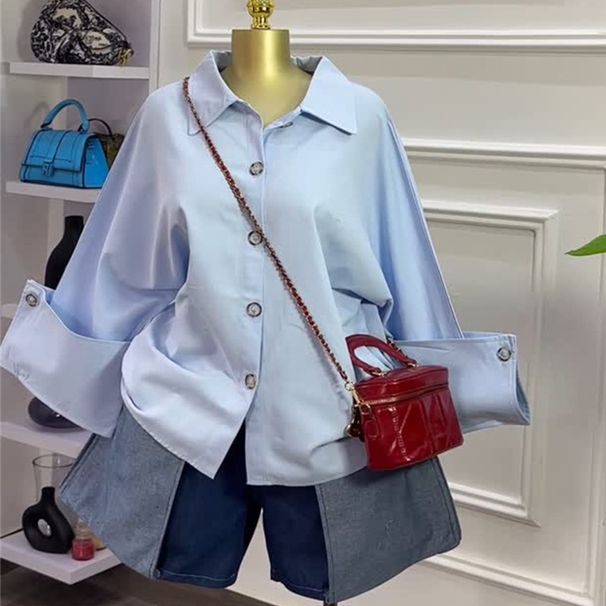 Women's Relaxed Fit Blue Long Sleeve Shirt - Elegant Collar Top, Breathable & Stylish For Autumn & Spring_ecoleips.com