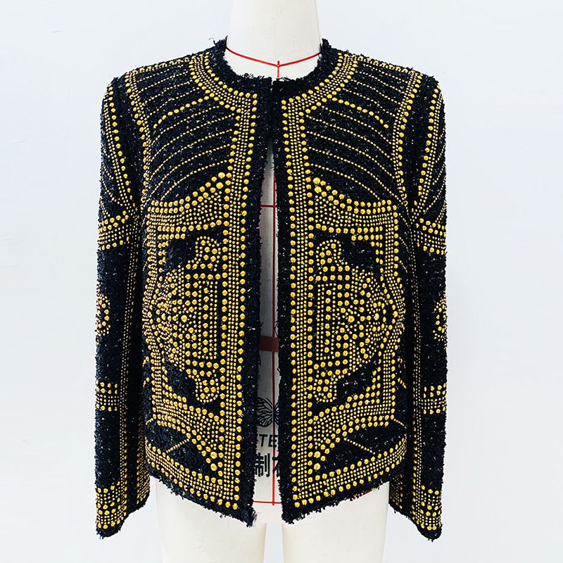 Women's Clothing Chunky Tweed Blazer Jacket With Metal Studs & Beading - Elegant Round Neck Coat For Women, Office & Evening Wear (Black, S/M/L)_ecoleips.com