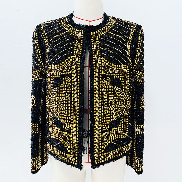 Women's Clothing Chunky Tweed Blazer Jacket With Metal Studs & Beading - Elegant Round Neck Coat For Women, Office & Evening Wear (Black, S/M/L)_ecoleips.com
