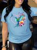 Floral Hummingbird Heart Women's Tee - Boho Graphic, Casual Pink Top_ecoleips.com