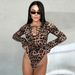 "V-Neck Leopard Print Jumpsuit With Tie Detail - Long Sleeve High-Waisted Bodysuit For Women, Stretchy Polyester Blend,_ecoleips.com
