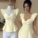 2026 Women's New Fashion Solid Color Jacquard Top Asymmetrical Heart Neckline Double Bubble Sleeves_ecoleips.com