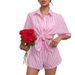 Women's Clothing Elegant Women's Two Piece Casual Striped Shirt Spring/Summer Short Sleeved Purple And Pink Style_ecoleips.com