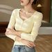 2025 #Craftsmanship Selection # American Button V-Neck Long Sleeved T-Shirt Women's Pure Cotton 2025 Autumn New Shoulder Top_ecoleips.com
