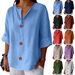 Women's V Neck T-Shirt Loose Fitting Cotton Linen Button Top European American Style Spring Summer New Arrival_ecoleips.com